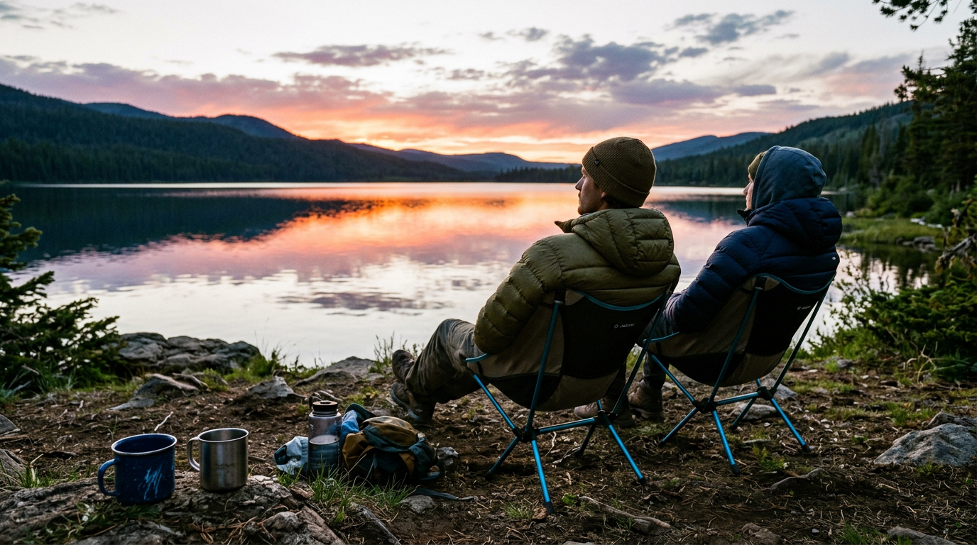 Two people sitting in camping chairs by a lake at sunset with mountains in the background, enjoying the view.