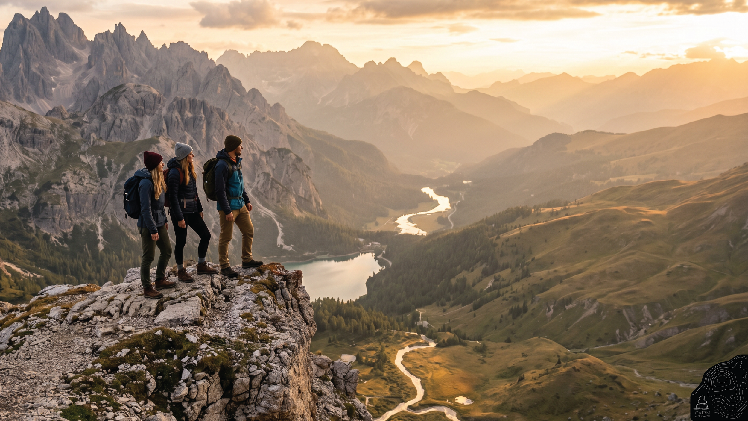 Four hikers standing on a rocky ledge overlooking a scenic valley with winding rivers, green hills, and rugged mountains during sunset.