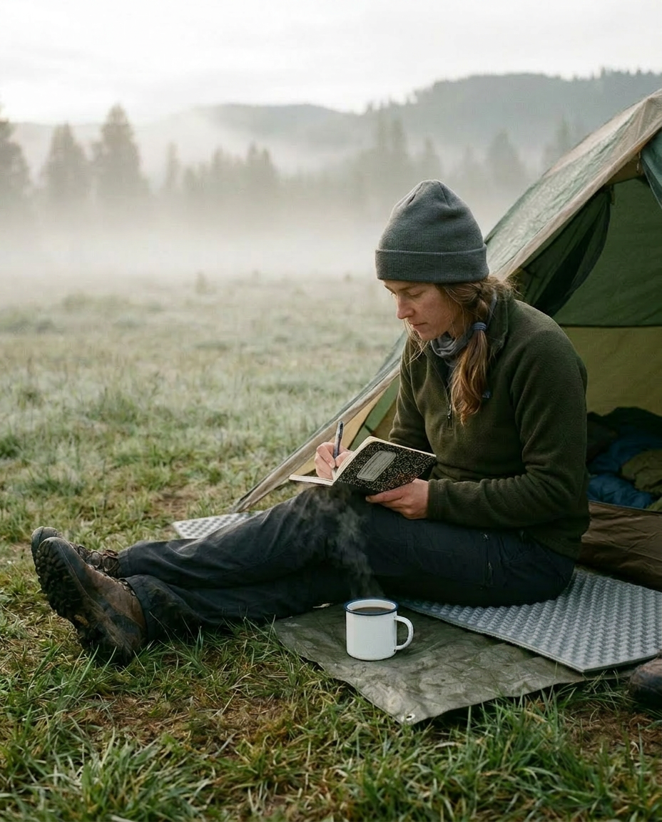 Woman sitting on a blanket outside next to a tent, writing in a notebook with a cup of coffee nearby, surrounded by a foggy landscape with trees and mountains in the background.