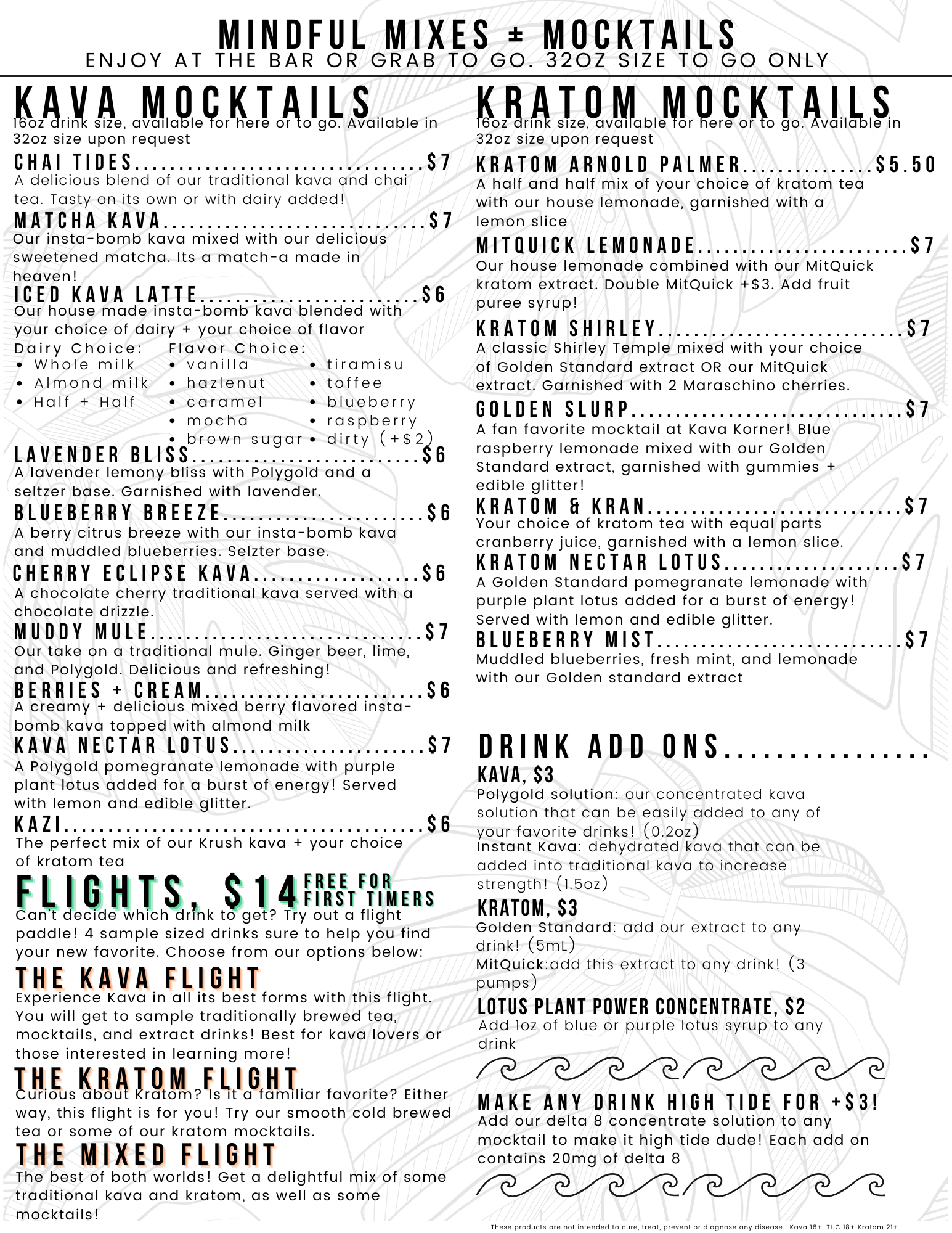 Menu listing various mindful mocktails and alcohol-free drinks, including flavors like Kava, Kratom, and Blueberry Mist, with descriptions and prices.