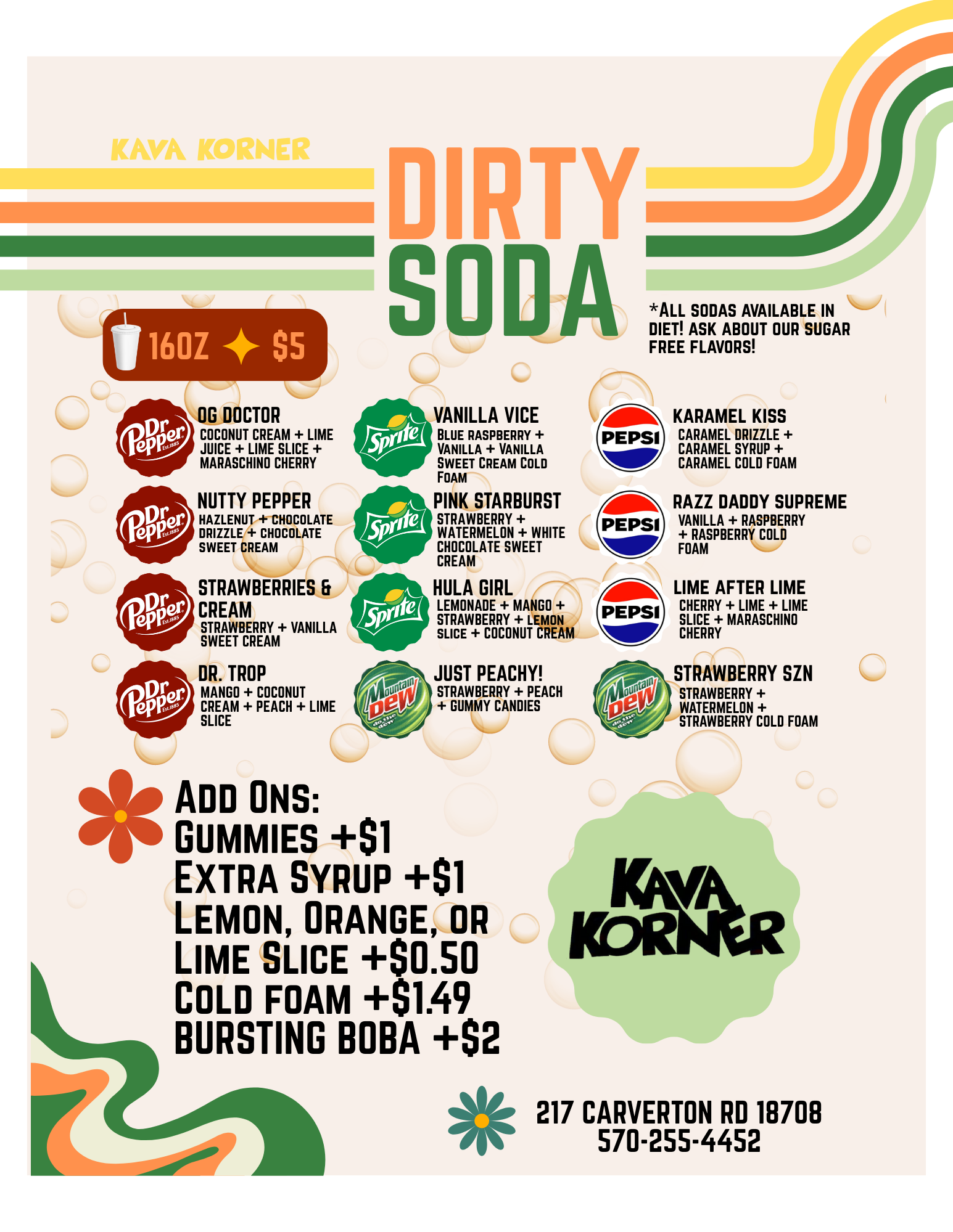 A colorful menu for Kava Korner featuring soda options, prices, and contact information. The menu advertises various soda flavors from brands like Dr. Pepper, Sprite, Pepsi, and Mountain Dew, with options for add-ons and extra syrup.