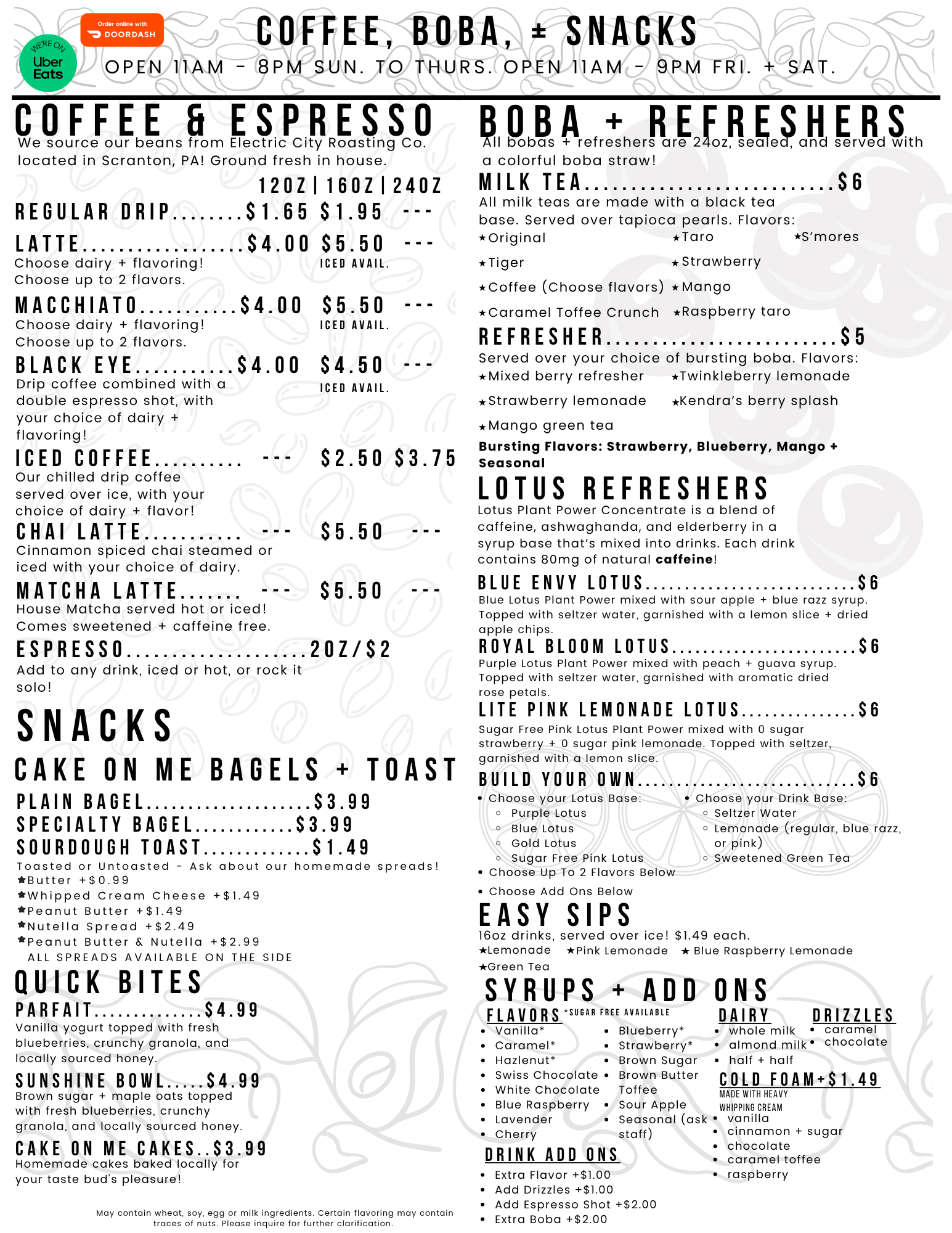 A menu from a coffee shop offering various coffee drinks, boba, snacks, cakes, and drinks, with open hours and delivery options, decorated with faint coffee bean graphics.