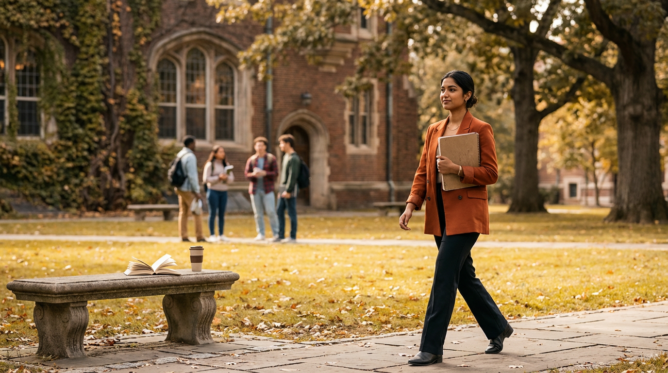 A young woman in a rust-colored coat walking across a college campus with trees and an old brick building in the background. She is holding a folder and has a coffee cup and book on a bench nearby. A group of students is talking in the background.