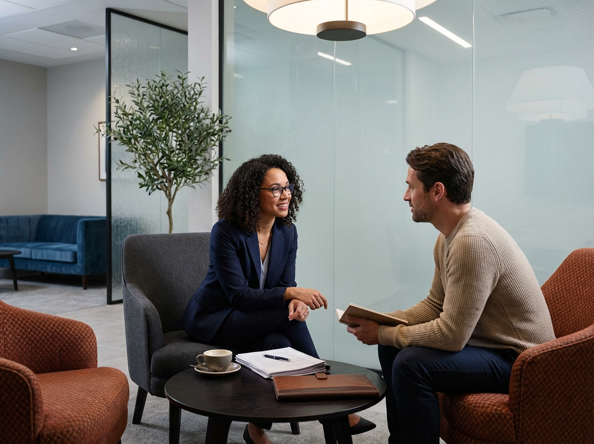 A professional woman in a navy blazer and glasses is talking with a man in a tan sweater, who is holding a notebook, in a modern office lounge with orange and gray chairs, a small coffee table, and green plants.