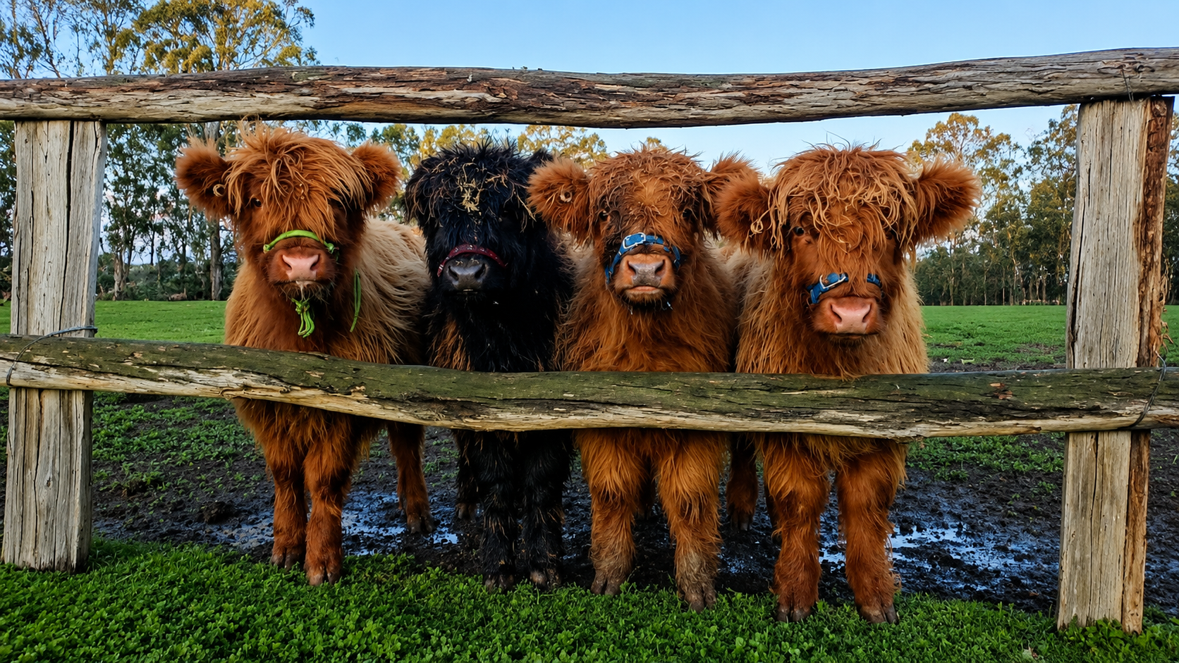 Four Highland cows with long, shaggy hair standing behind a wooden fence in a grassy field, with trees in the background.