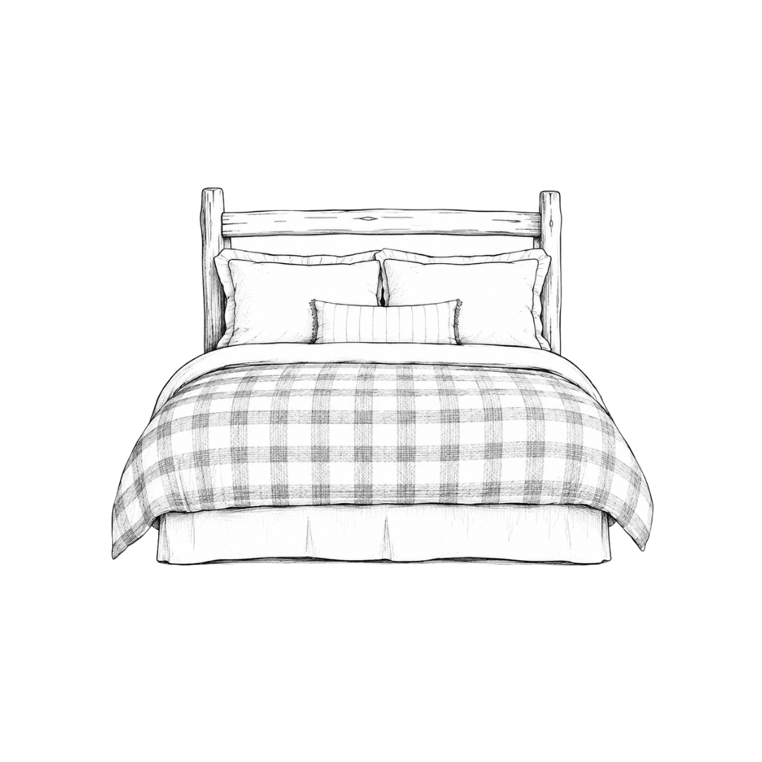 Black and white sketch of a bed with four pillows and a checkered blanket.