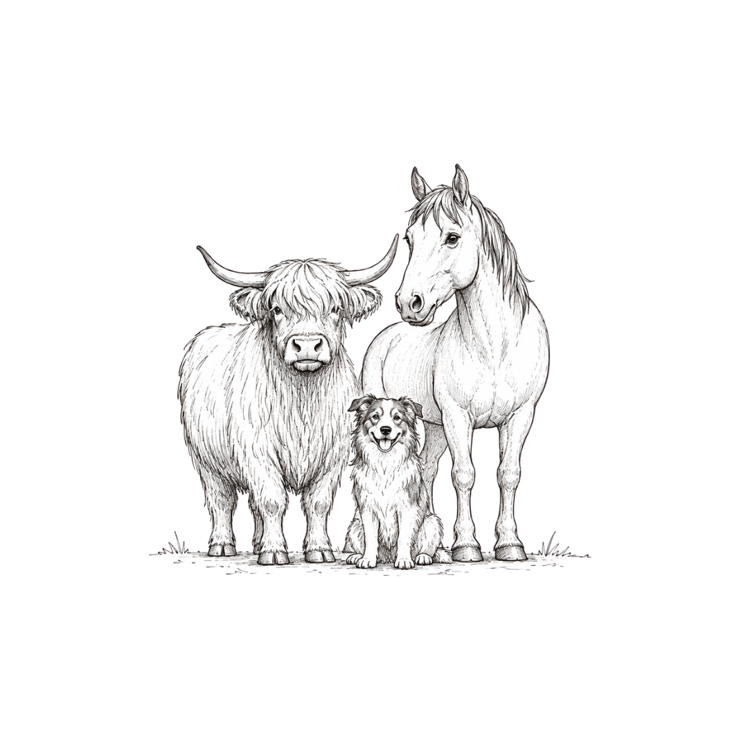 Drawing of a bison, horse, and dog standing together