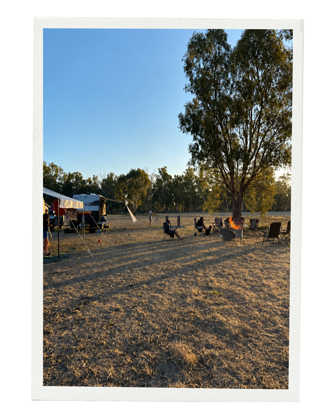 People sitting around a campfire in a field during late afternoon, with a large tree in the background and camping equipment nearby.