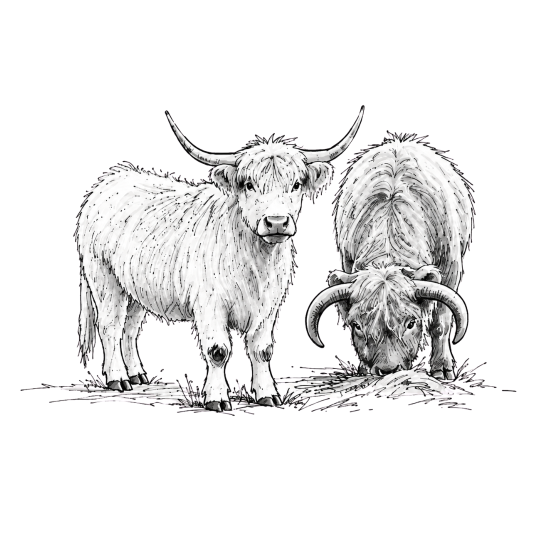 Black and white illustration of two Highland cattle, one standing and one eating hay.