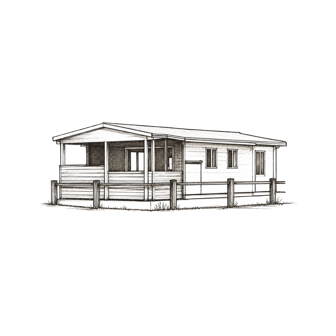 Line drawing of a single-story house with a porch, railing, and multiple windows surrounded by a wooden fence.