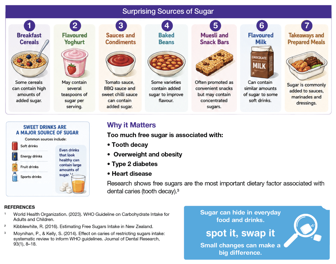 National Oral Health Month 2026. Week 4 Fact sheet 2 - Swap the Sugar. Learn how sugar affects teeth over time and how small swaps can help protect your smile.