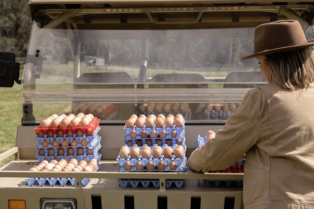 A woman wearing a brown hat and beige coat arranging eggs in blue and red egg cartons inside an eggs vending machine outdoors.