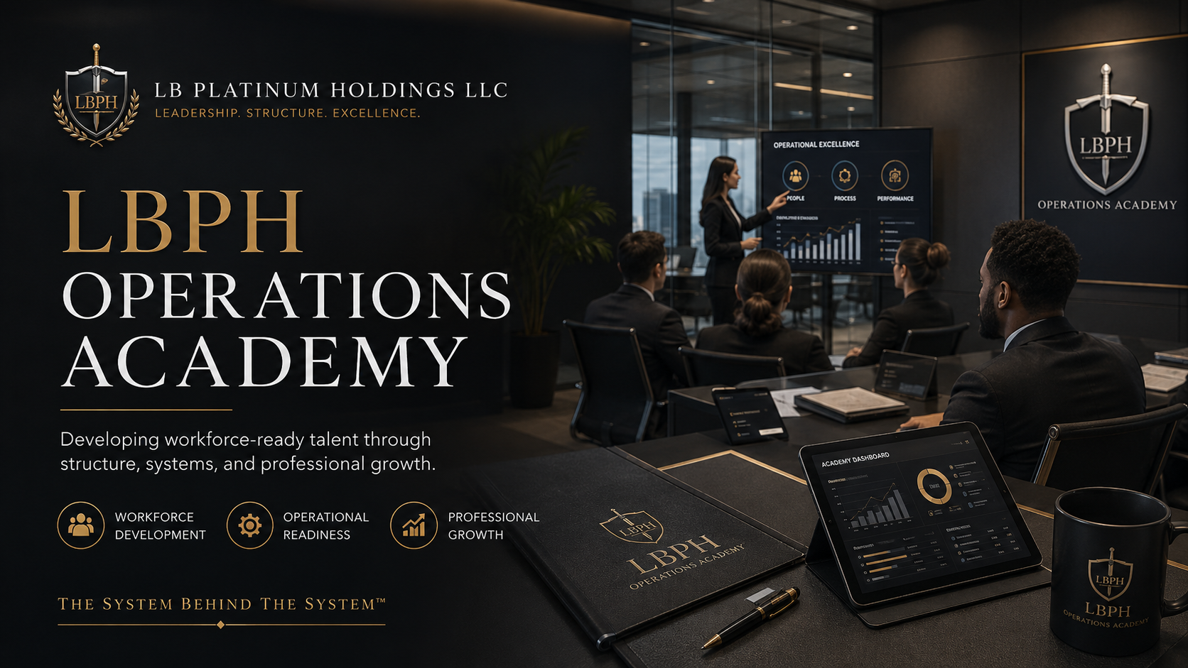 A presentation room at LBH Operations Academy with a speaker presenting a graph on a large screen, and an audience of professionally dressed individuals seated at tables with laptops and tablets. Branding includes a shield emblem with a sword and the LBPH logo, and promotional text about workforce development, operational readiness, and professional growth.
