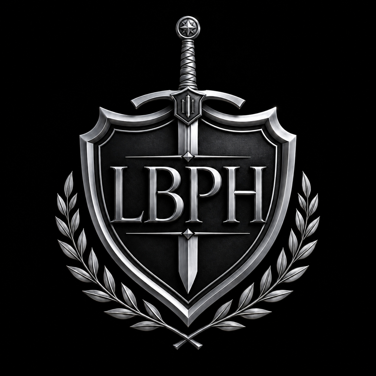 A metallic crest featuring a shield with the letters Louis B. Palau High School (LBPH), a sword vertical behind the shield, and a laurel wreath surrounding the shield on a black background.