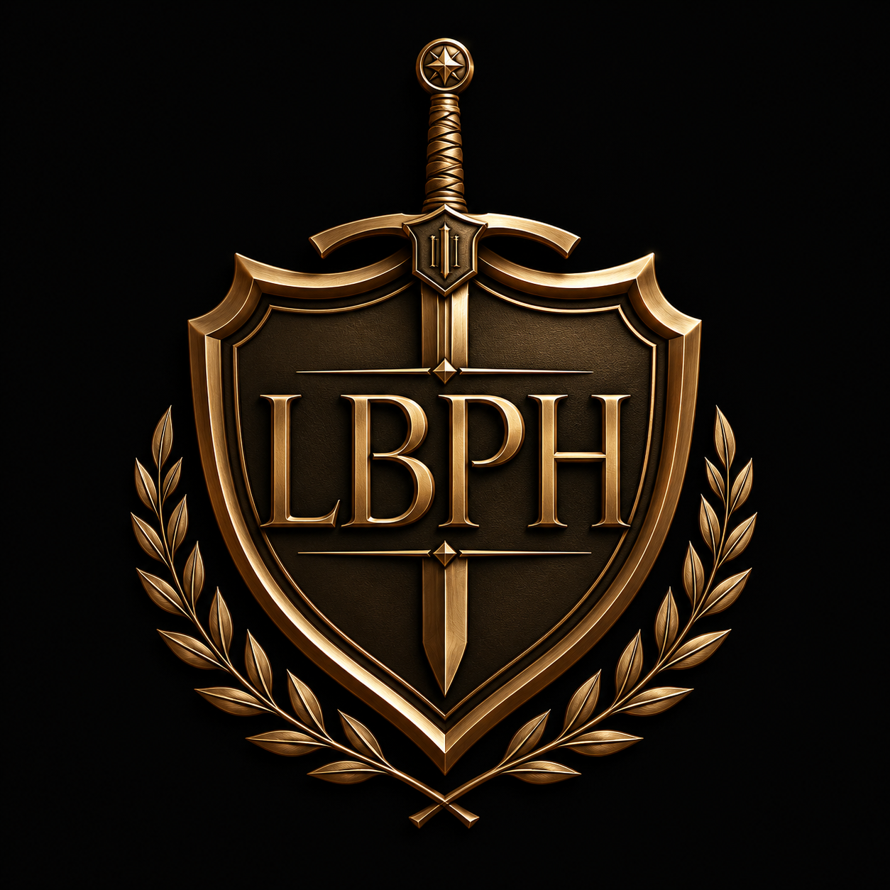A metallic emblem featuring a shield with the letters 'LBPH', a sword behind the shield, and surrounded by a laurel wreath.