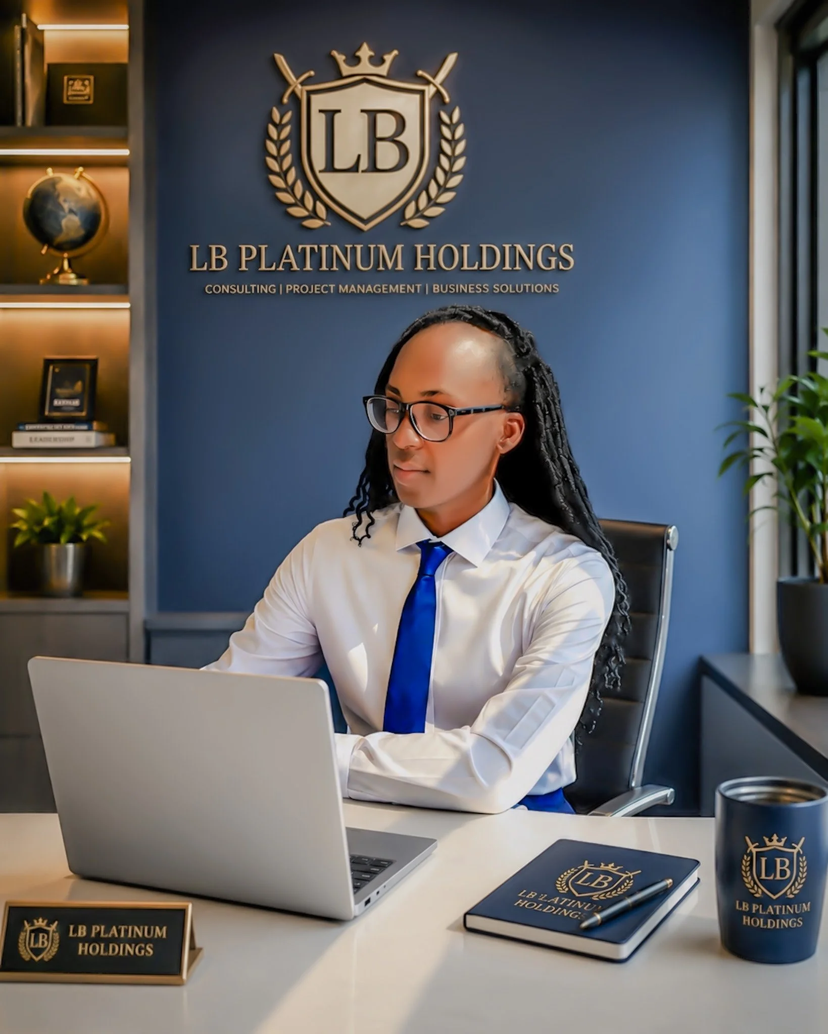 Founder and CEO, Business professional with glasses and long dreadlocks sitting at a desk with a laptop, notebook, and branded materials from LB Platinum Holdings, in an office with a dark blue wall displaying the company logo and slogan.