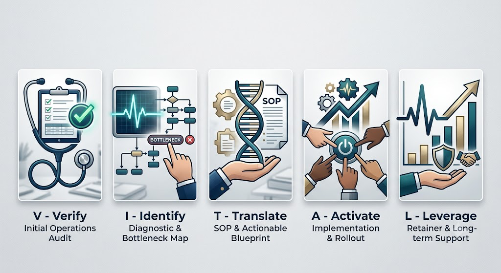 Infographic with five steps for business or project process: Verify initial operations, Identify diagnostic bottleneck, Translate SOP blueprint, Activate implementation, Leverage long-term support, illustrated with icons of medical equipment, flowcharts, DNA, handshakes, and charts.