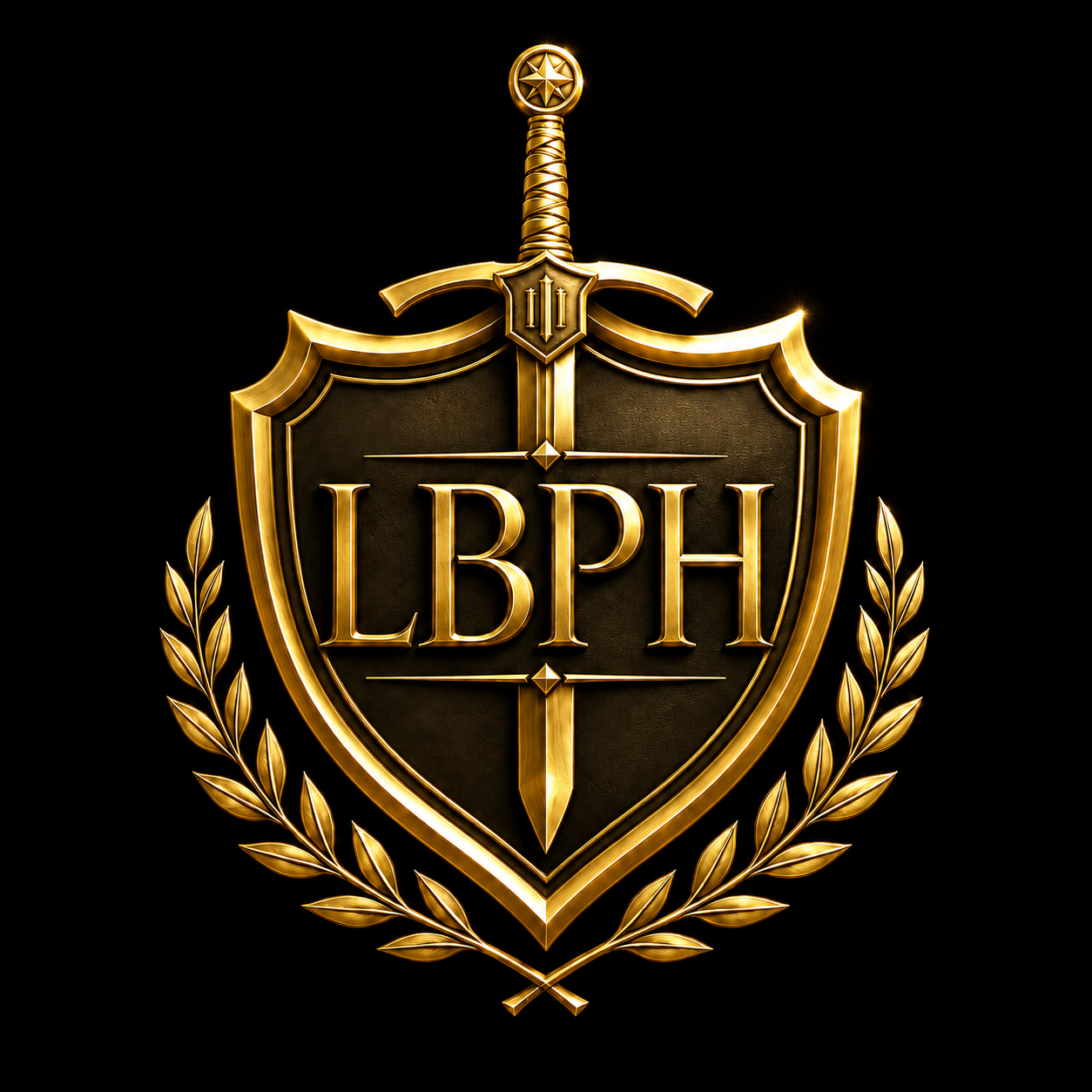 Gold and black emblem with a shield, a sword, and the initials 'LBPH', encircled by a laurel wreath.