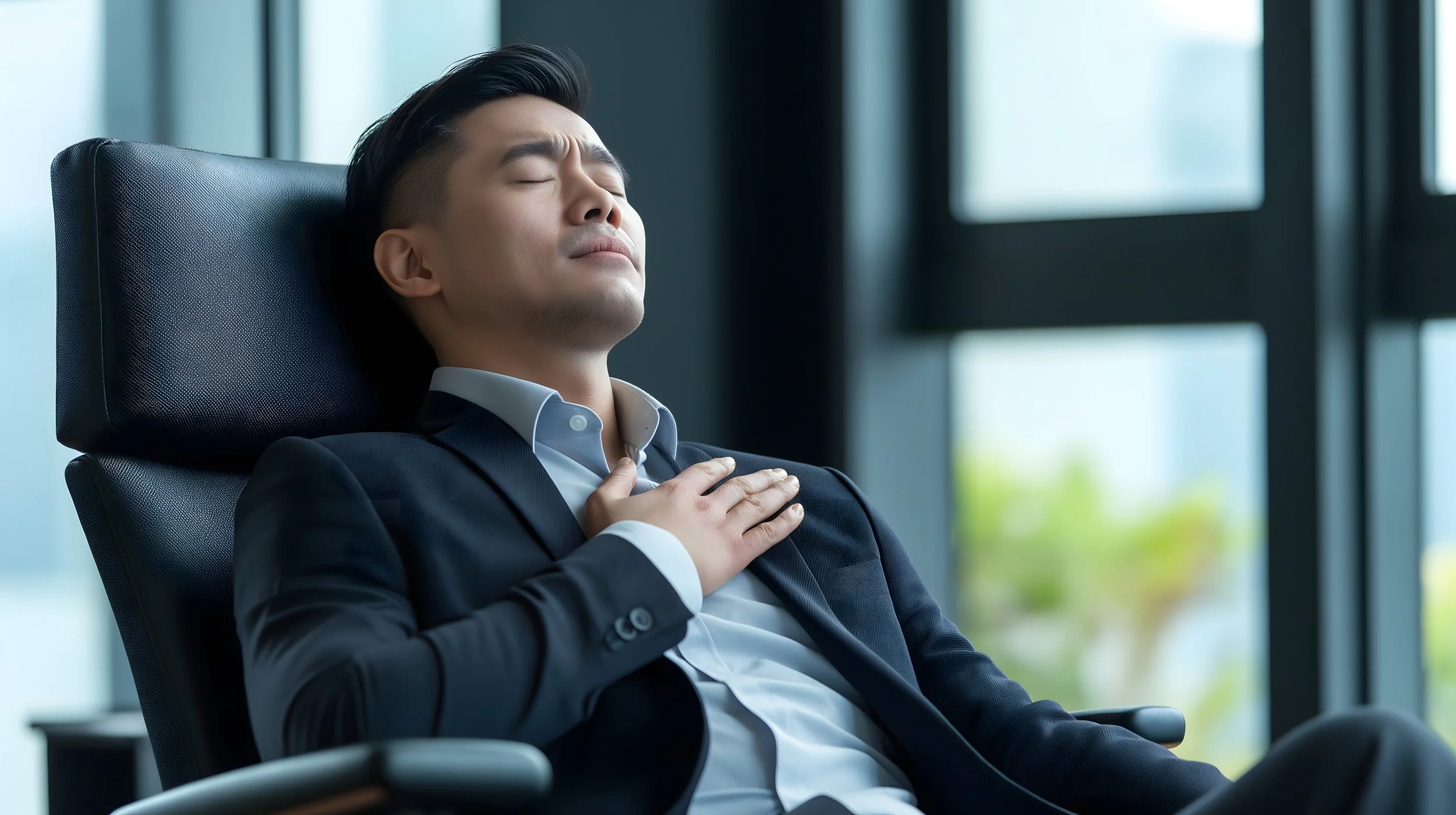 A man with dark hair in a business suit sitting in an office chair with his eyes closed and hand on his chest, appearing to be experiencing discomfort or pain.