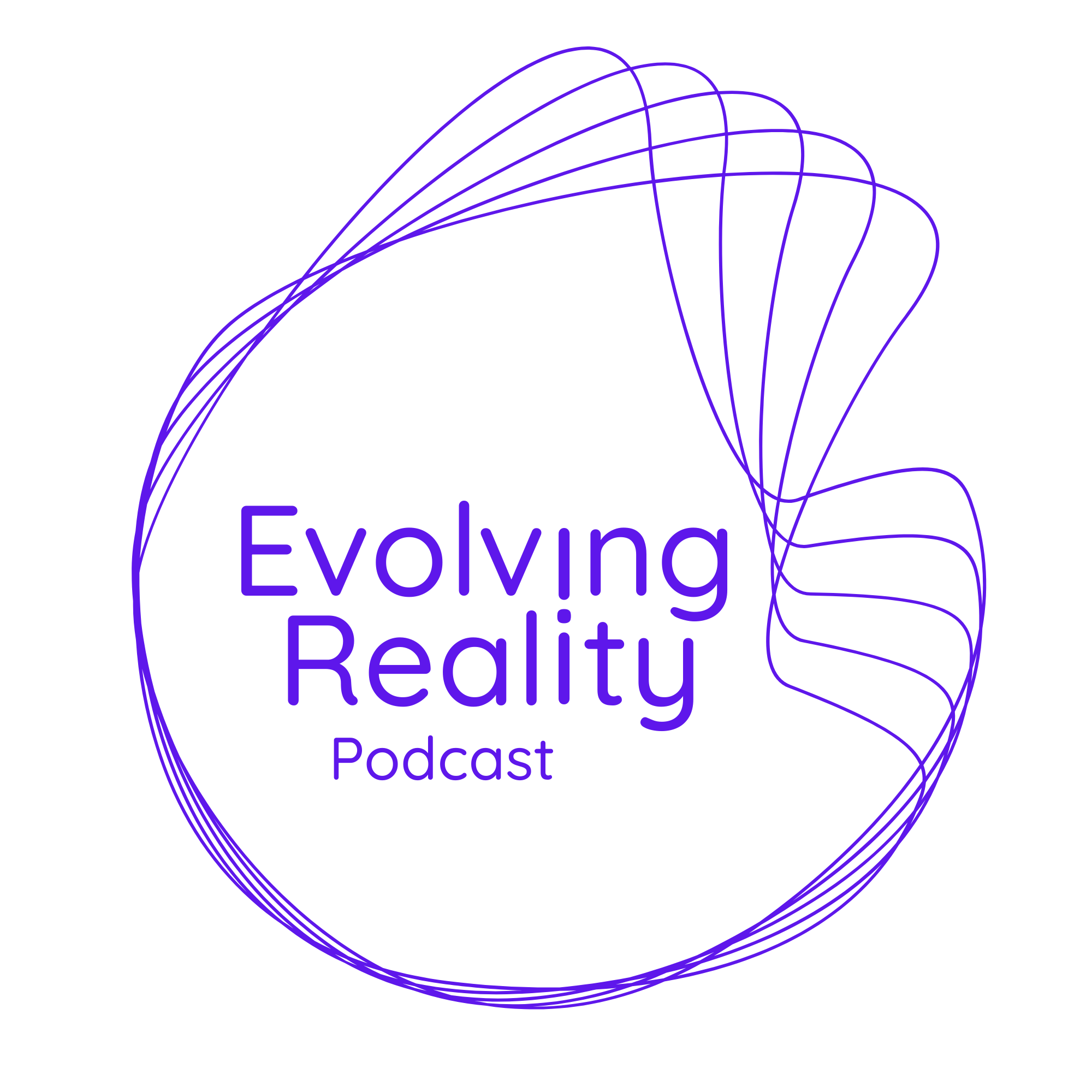 A podcast cover with a purple line art of a connected brain and the title 'Evolving Reality Podcast' in purple text.