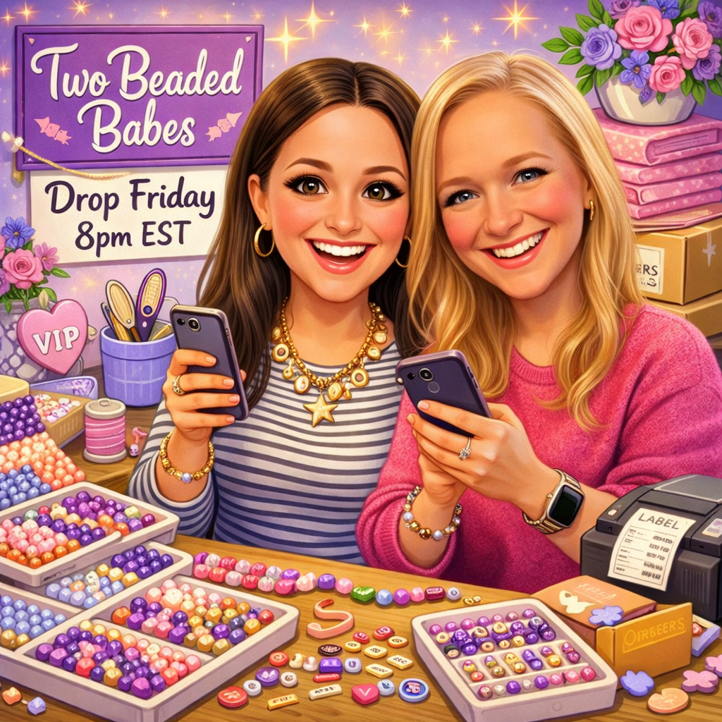 Two smiling women shopping for beads at a craft store, with various colorful beads and jewelry-making supplies on the table and a sign that says 'Two Beaded Babes, Drop Friday 8pm EST' in the background.