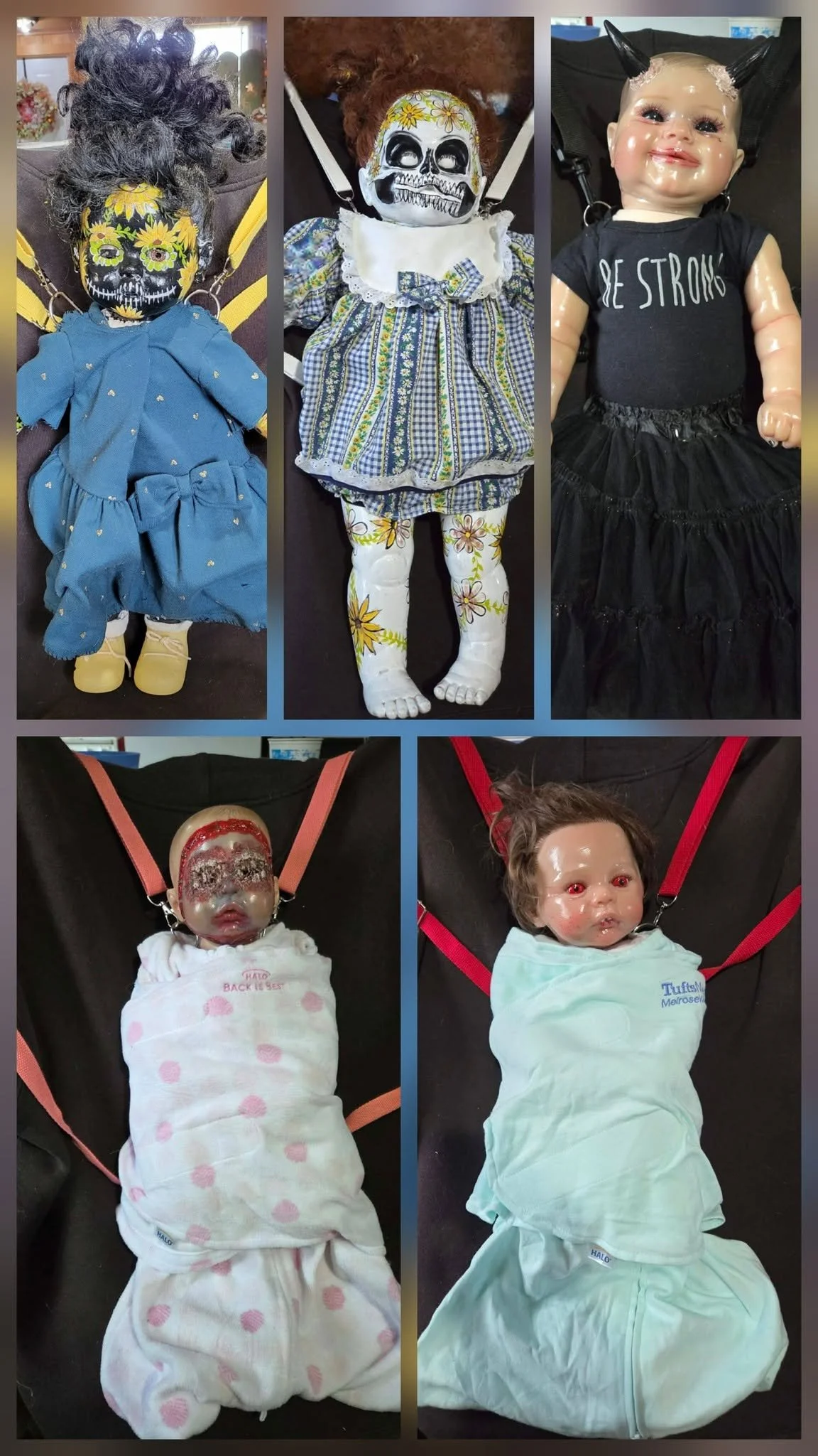 A collage of six images featuring Halloween-themed dolls and baby dolls. The top row has three dolls with painted faces resembling sugar skulls and devil horns, dressed in colorful, spooky costumes. The bottom row has two baby dolls with damaged faces, wrapped in hospital blankets, lying on black surfaces with pink and red straps.