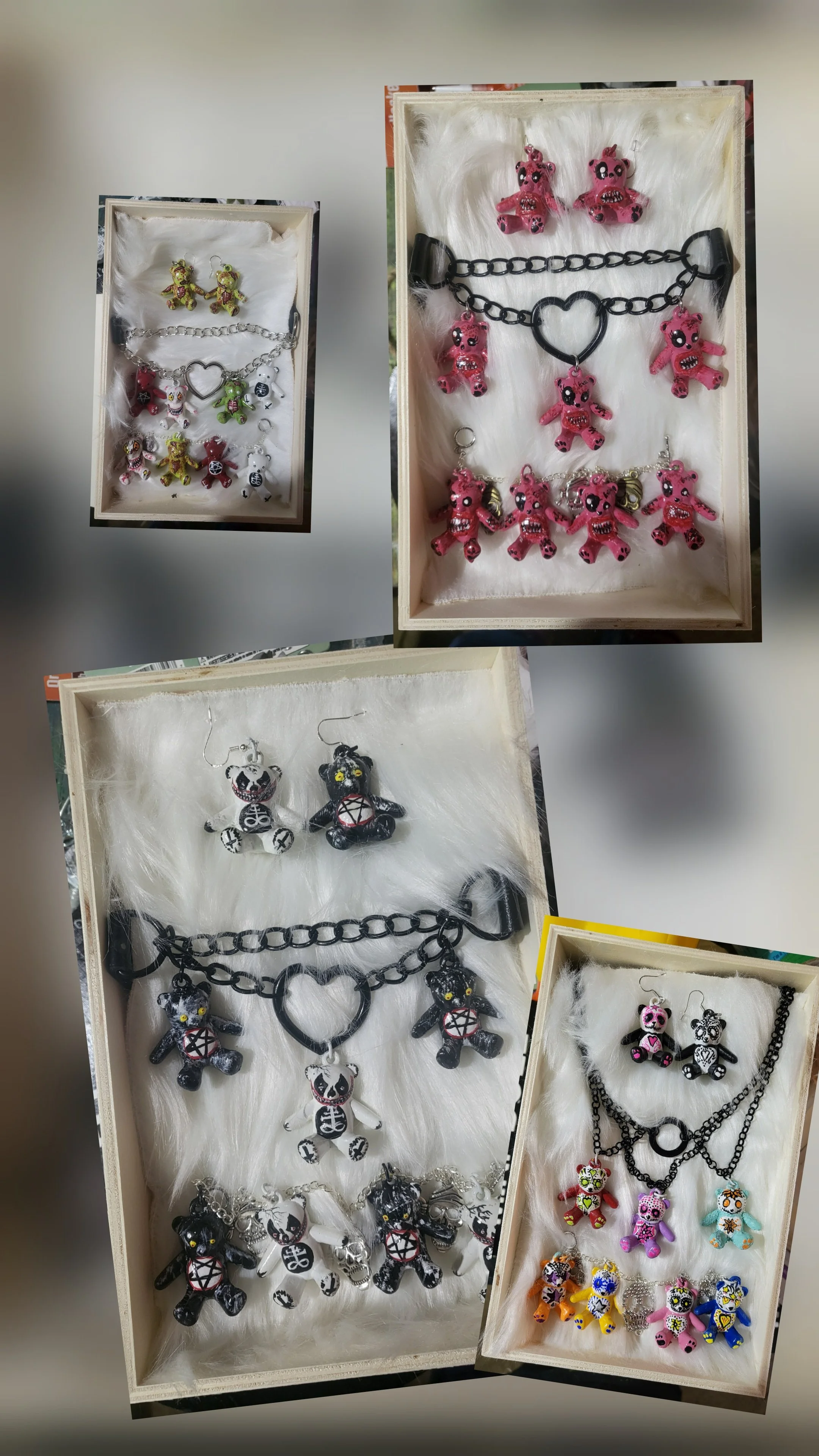 Display of various horror-themed teddy bear jewelry sets, including earrings, necklaces, and bracelets, in different colors and styles.