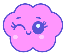 A cute, pink, cartoon cloud with a winking eye and a smiling face.