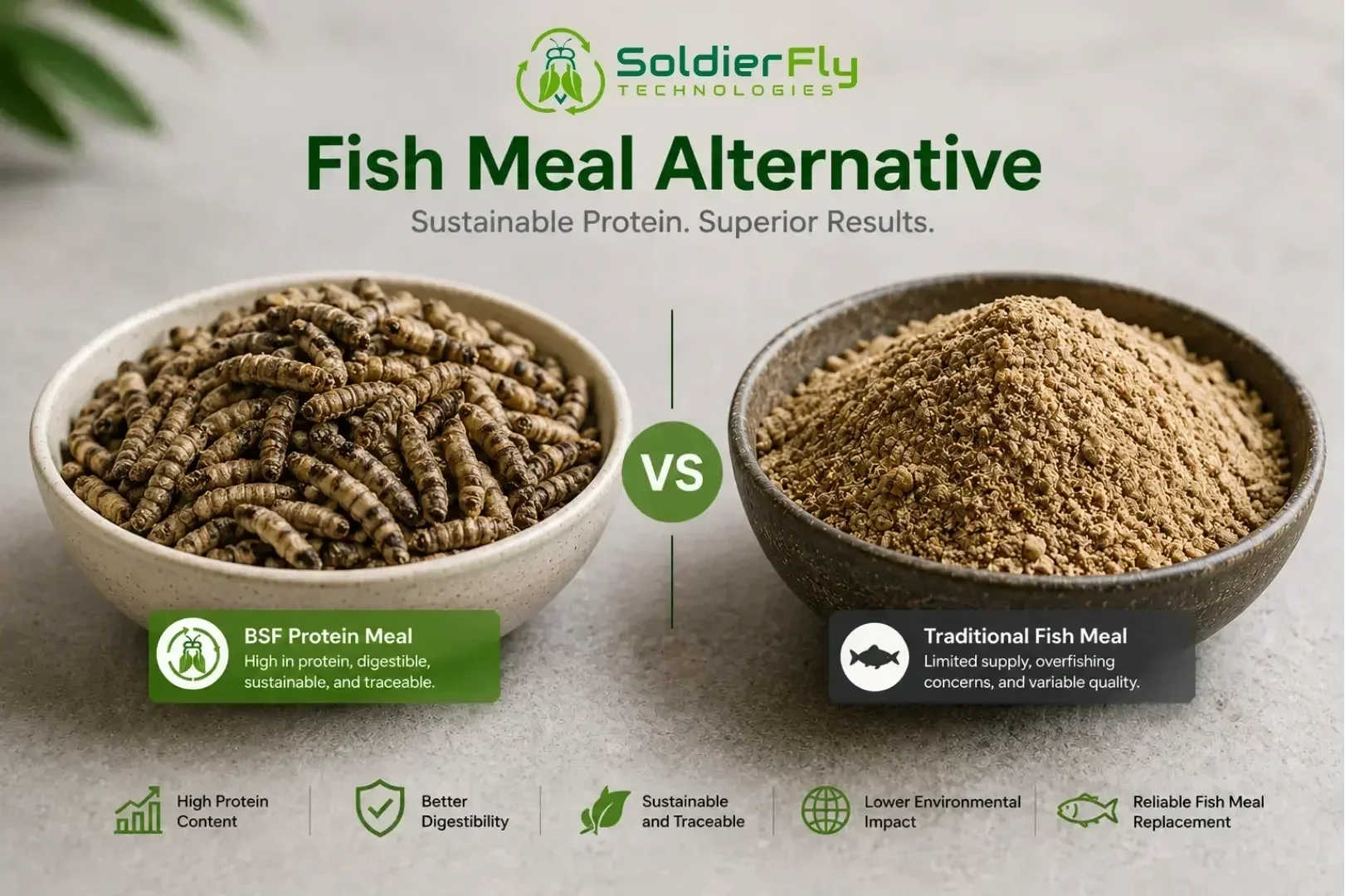 Side-by-side comparison of BSF protein meal and traditional fish meal in bowls
