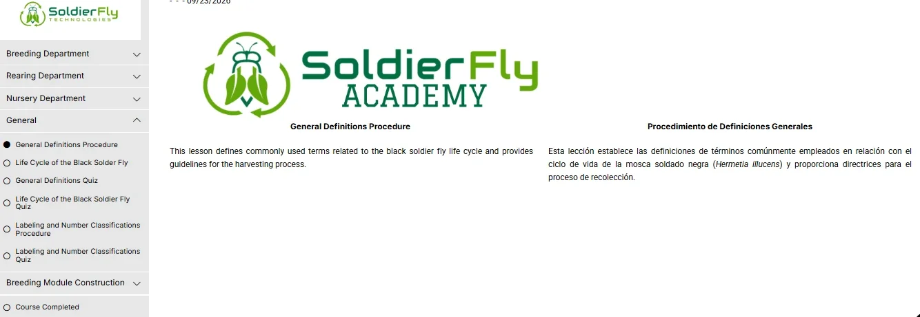 webpage titled 'SoldierFly Academy' with green and black logo. The page shows a menu on the left with sections like Breeding Department, Rearing Department, and general course content. The main content describes the 'General Definitions Procedure' for the life cycle of the black soldier fly in English and Spanish.