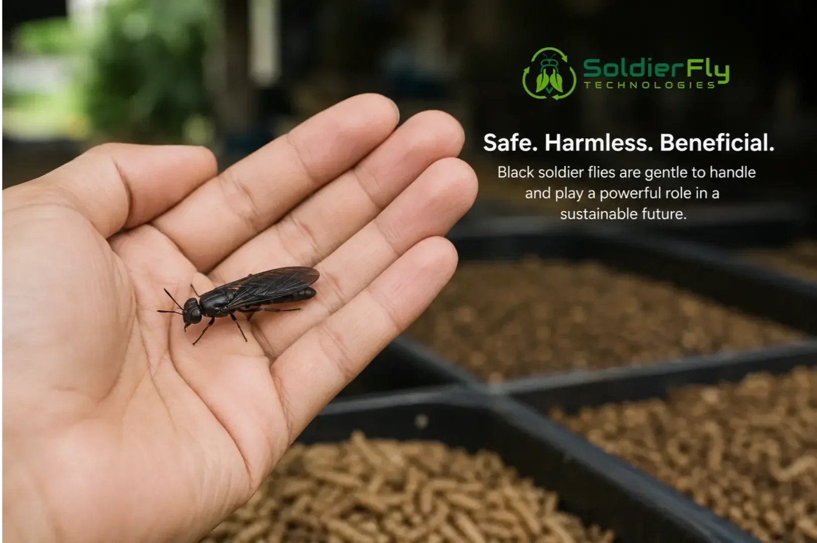Black soldier fly being held gently showing it is safe and harmless