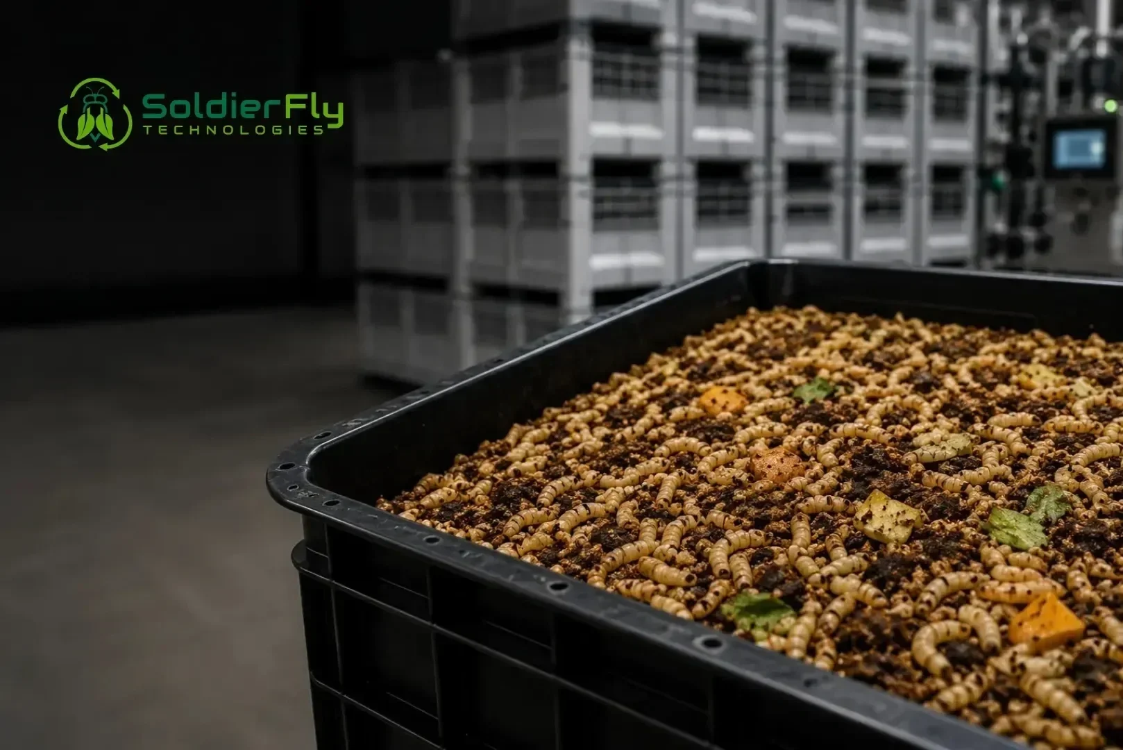 Black soldier fly larvae consuming organic food waste in a bioconversion tray