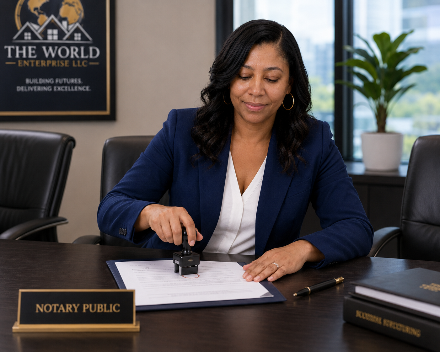 A woman in a blue blazer stamping a document at a desk with a "Notary Public" sign in front of her, in a professional office setting.
