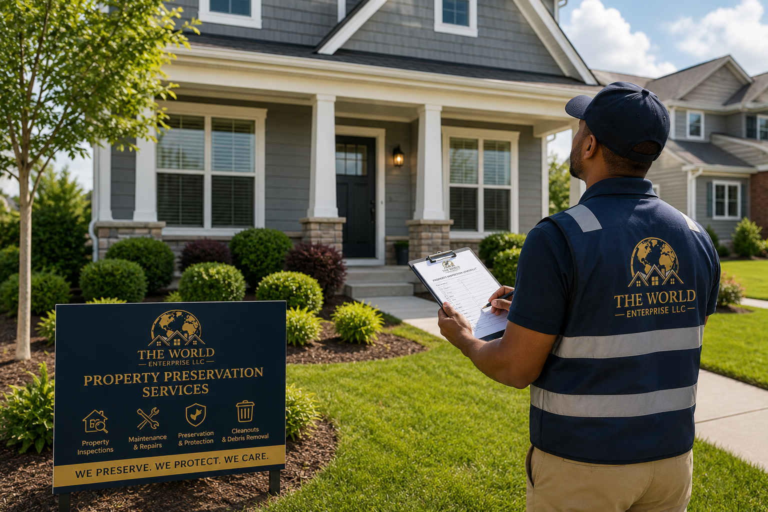 A property preservation worker in uniform standing outside a house, holding a clipboard and inspecting the property. There is a sign in the front yard advertising property preservation services.