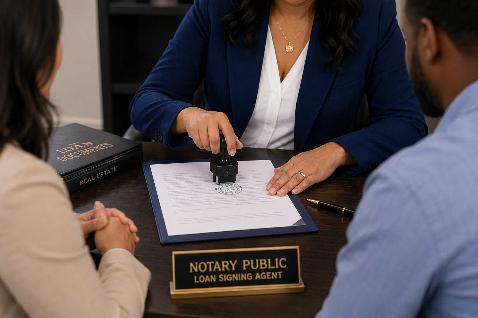 A notary public signing loan documents at a table with two clients, with a sign indicating 'Notary Public Loan Signing Agent' and a folder labeled 'Loan Documents' and 'Real Estate' on the table.