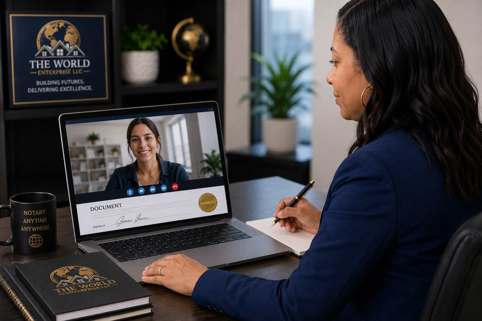 Businesswoman video conferencing with a woman on her laptop, taking notes. She has a notebook, a notary-themed mug, and a notebook on her desk, with a home office background including bookshelves and potted plants.