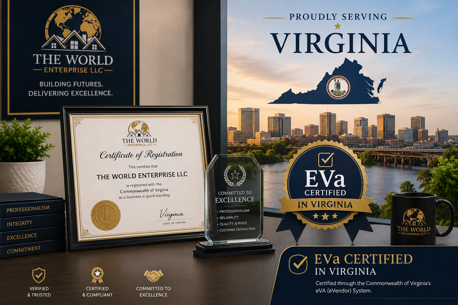 Display of certificates and signage recognizing Virginia business achievements, including a framed certificate of registration for The World Enterprise LLC, an award plaque for commitment to excellence, an EVa certification badge for Virginia, a blac