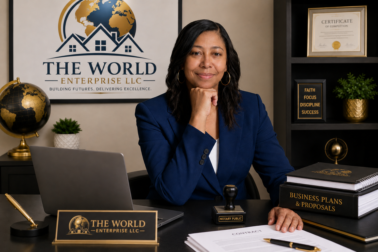 A professional woman sitting at a desk in an office, smiling confidently, with a sign reading 'The World Enterprise LLC' behind her, and various business-related items on the desk, including a globe, a laptop, stacks of folders, and office decor.