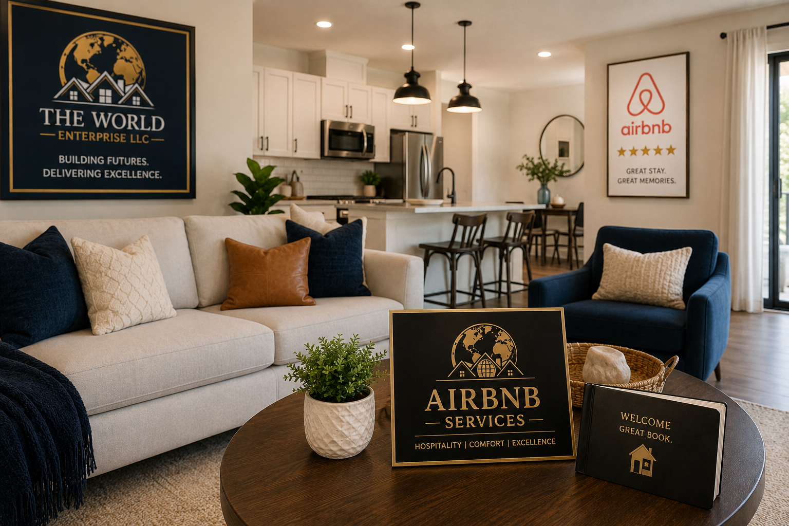 Living room with Airbnb Service signs, leather and fabric pillows, plants, a white sofa, and a navy armchair, with a kitchen in the background.