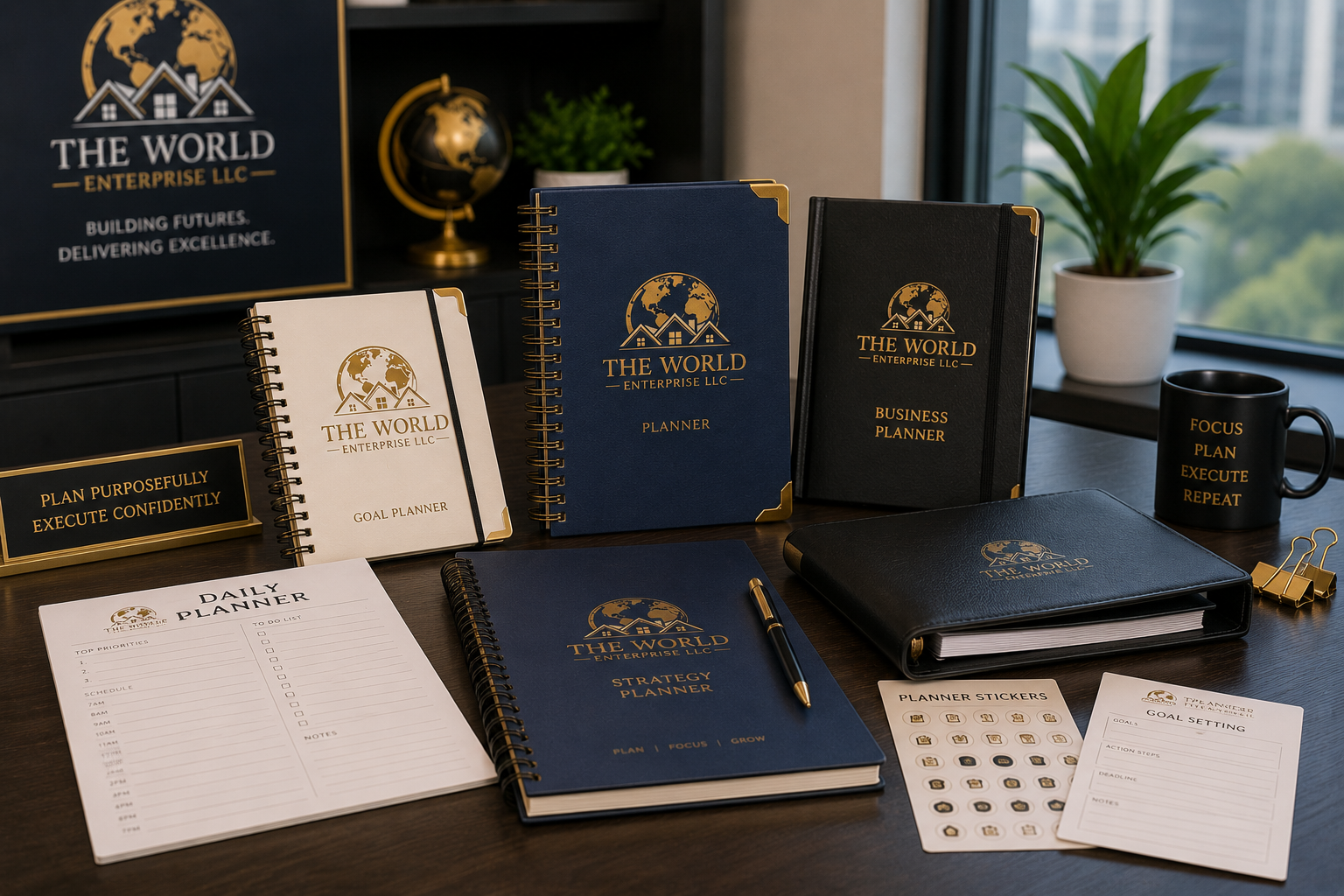 A desk with planners, notebooks, a daily planner, goal setting and strategy planner, planner stickers, a black mug, and a document displaying 'The World Enterprise LLC' branding.