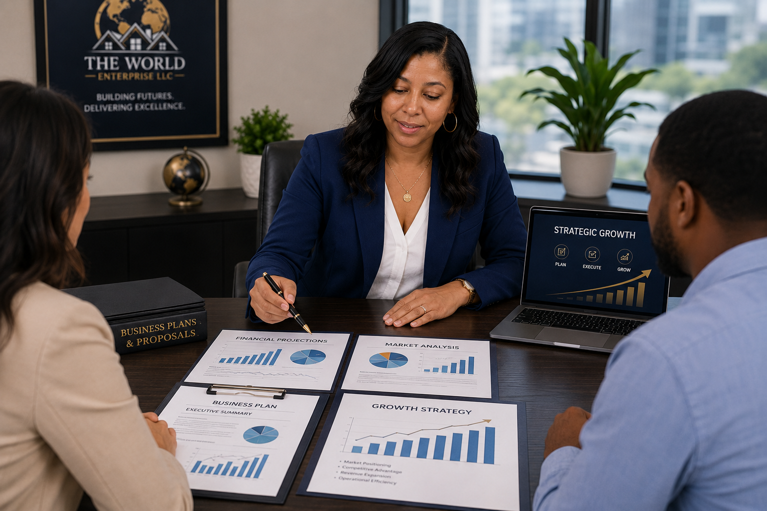 Business meeting with three professionals discussing charts and graphs on printed reports, with a laptop displaying 'Strategic Growth' and a framed company's logo on the wall.