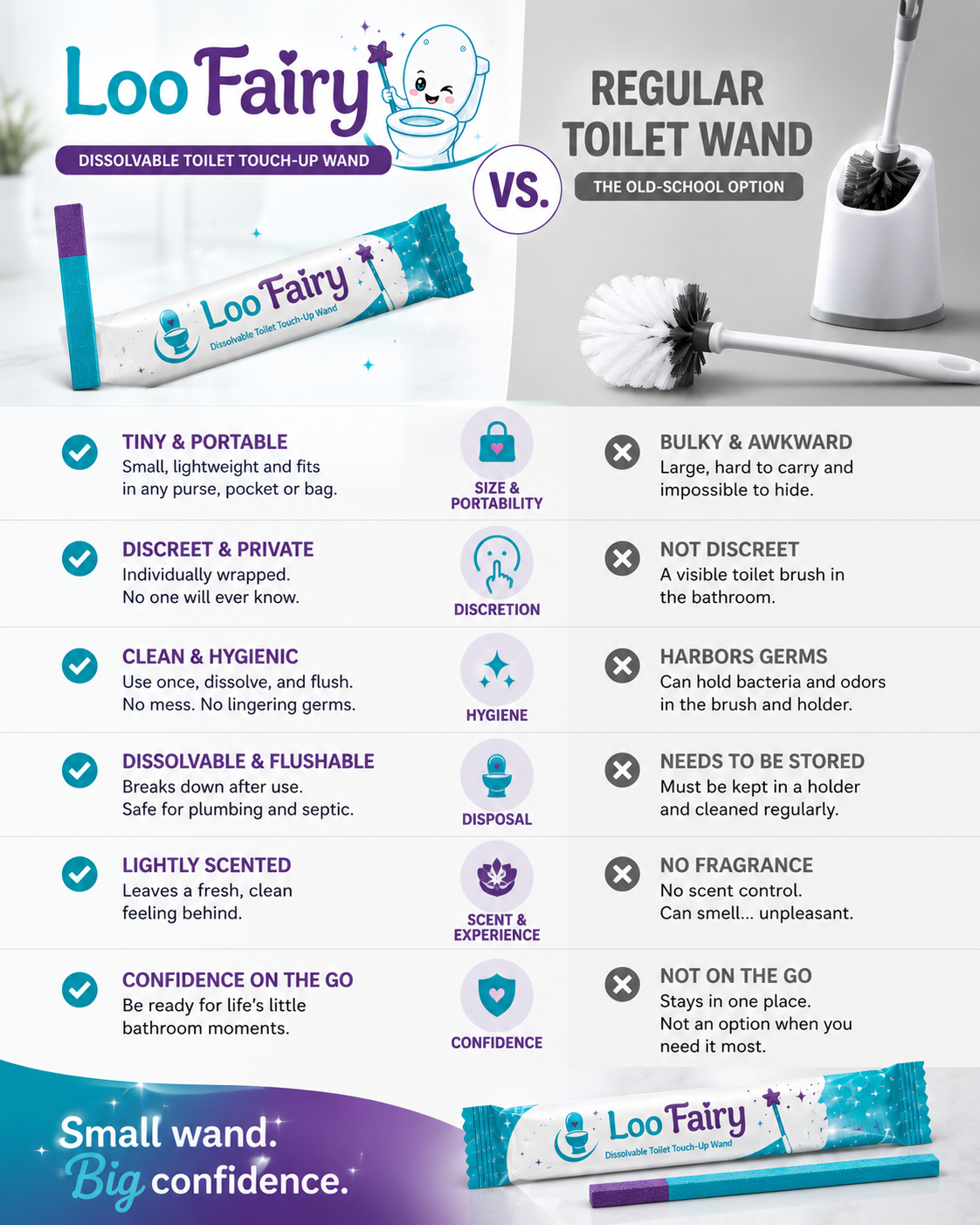 Comparison chart of the Loo Fairy dissolvable toilet touch-up wand and a regular toilet brush. The chart highlights features such as size, discretion, hygiene, dissolvability, scent, and portability for the Loo Fairy wand, contrasted with the size, visibility, germs, storage, fragrance, and portability of a traditional toilet brush.