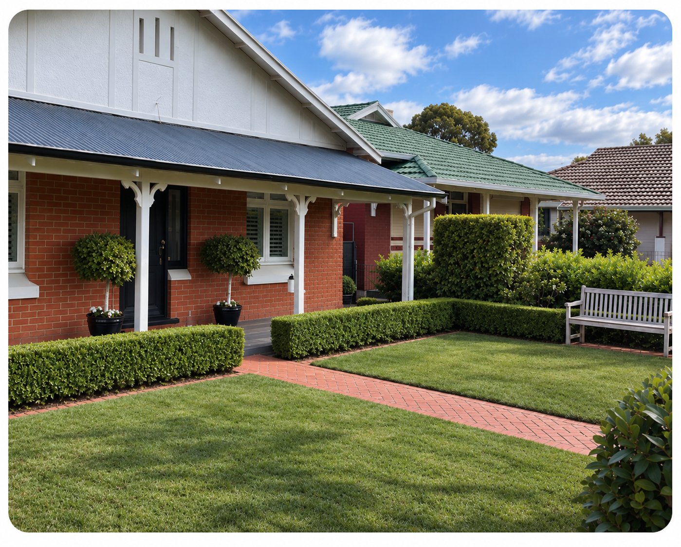 Front yard of a house with a well-maintained lawn, brick walkway, two potted topiary trees, trimmed hedge, and wooden bench, with a brick and white exterior, green roof, and a blue sky with clouds.