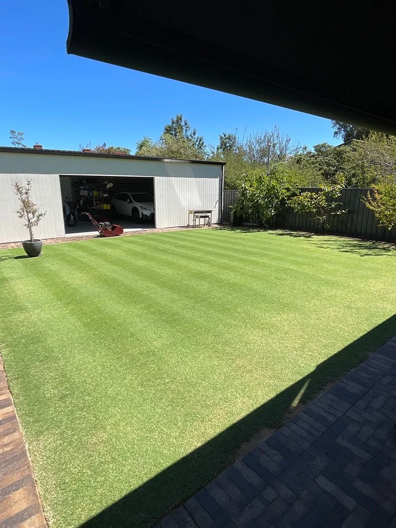 View of a backyard with freshly cut green grass, a gray shed with an open garage door showing a car and motorcycle inside, a potted tree, and some bushes and trees along the fence under a bright blue sky.