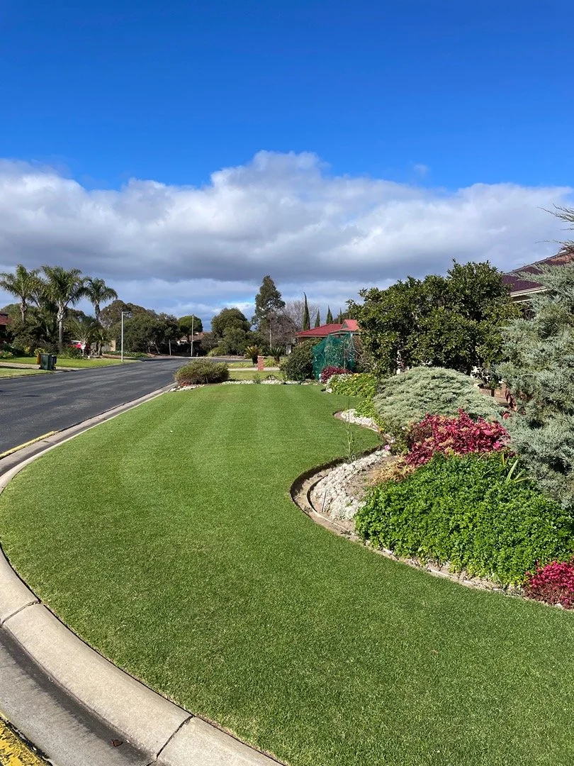 Suburban neighborhood street with well-maintained lawn, colorful bushes, trees, and a partly cloudy blue sky.