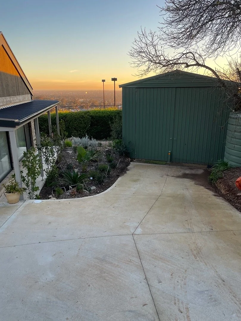 A backyard patio with a concrete surface, a green shed, and a garden bed with plants on the left side. A sunset sky is visible in the background.