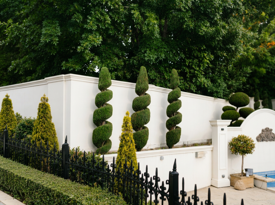 Well-manicured topiary trees and shrubs along a white wall, with a black wrought iron fence in the foreground and large green trees in the background.