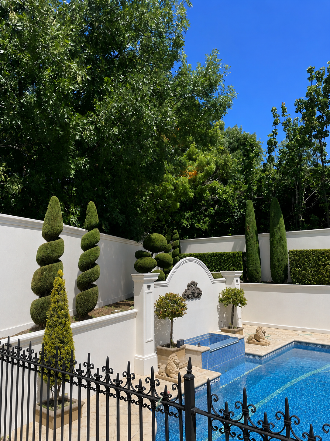 A backyard with a blue swimming pool, decorated with lion statues and two potted trees. Tall, sculpted bushes and trees line a white wall in the background, under a bright blue sky.