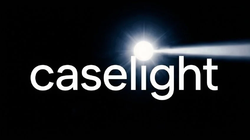 The image features the word 'caselight' with a bright light source positioned above the letter 'i', creating a lens flare effect against a dark background.
