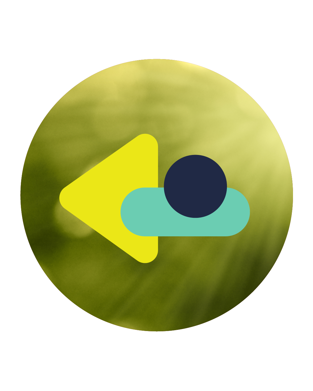 Icon with a yellow play button, a dark circle, and a light blue rounded rectangle, overlaid on a green circular background.